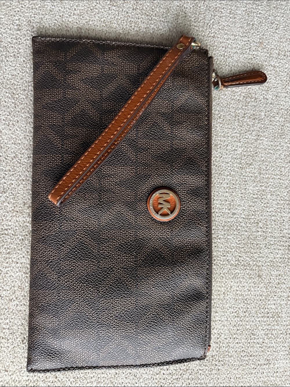 Michael Kors Dark Brown Pebbled Leather Wristlet with Tan Strap